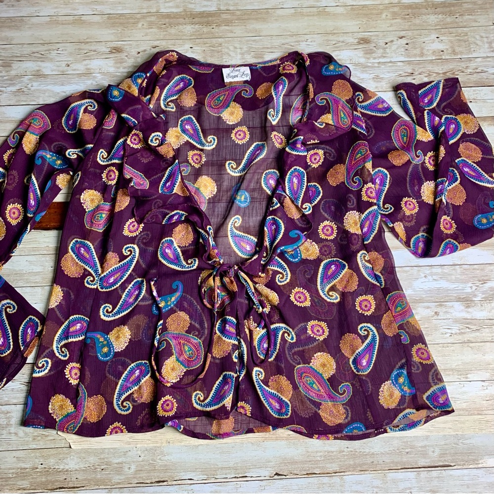 Long Elegant Leg Tie Close Top semi sheer Burgundy Ruffled collar EUC XL